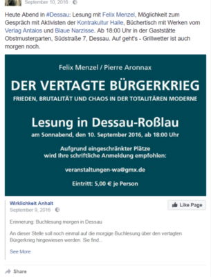Ankündigung einer Lesung mit Felix Menzel unter Beteiligung der Kontrakultur Halle