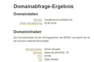 WHOIS-Informationen zur Webseite der "Mosaik Kommunikation"
